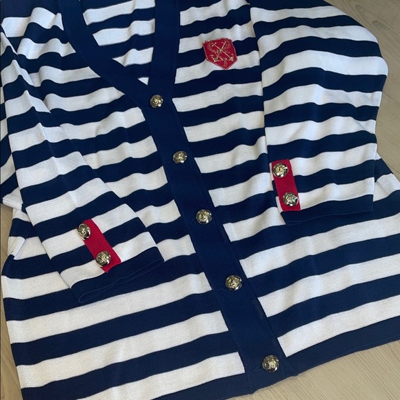 Navy and White Striped Women's Cardigan with Gold Accents - Picture 2 of 6
